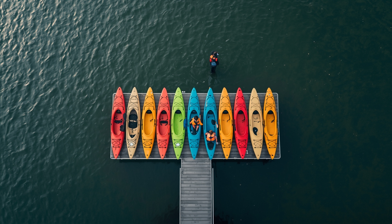 Gérant de base nautique sur le ponton qui consulte le planning de réservations de kayaks sur Booky, avec plusieurs embarcations prêtes à partir
